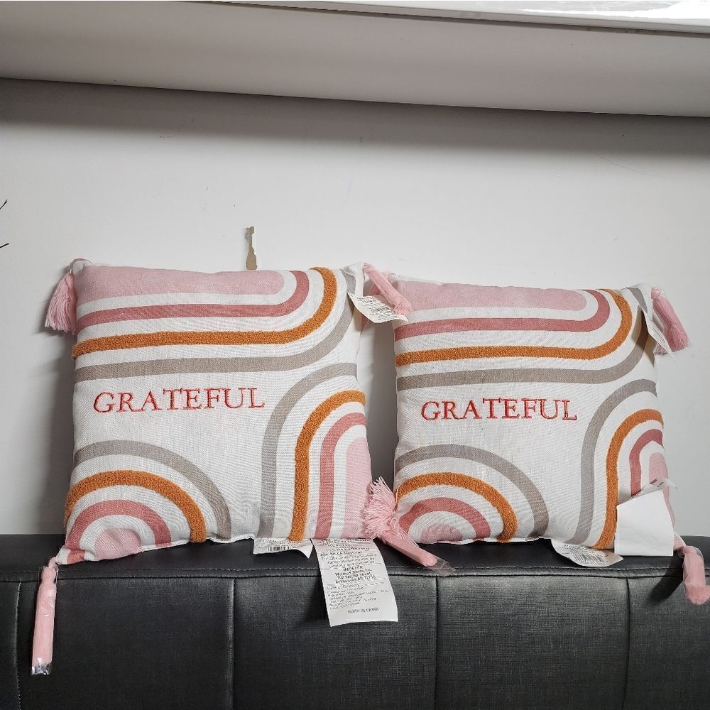 Lot of two Nwt Boho Grateful Rainbow Pillow with tassels, Size 12" x 12"
